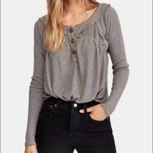We The Free XS Must Have Waffle Knit Henley Tee Long Sleeve Storm Grey